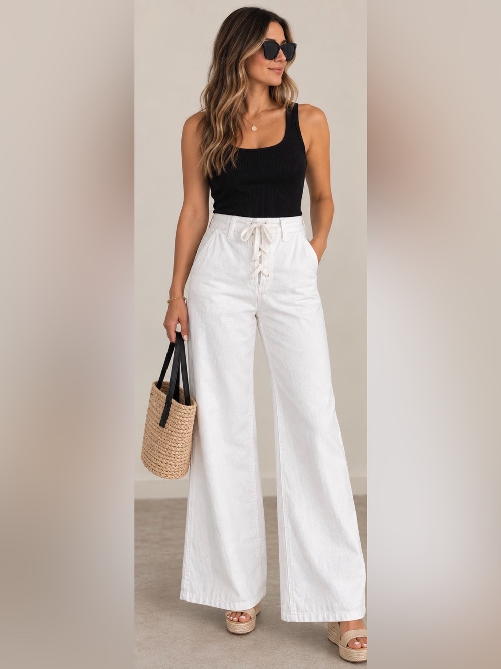 Mother- White Lace-Up Wide Leg Pants-Tie Up Roller Prep Weekender